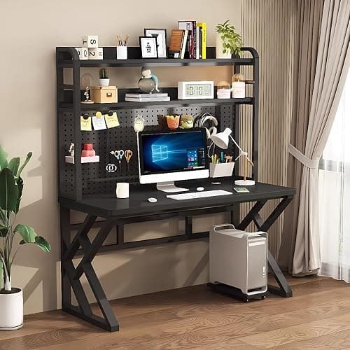 XXHOFTPJZ 47.2in Computer Desk with Pegboard, Gaming Desk with Storage Shelves, PC Gamer Workstation Desk, Modern Study Writing Table for Home Office Bedroom (Black, 47.2in/120cm) - Black - 47.2in/120cm thumbnail 2