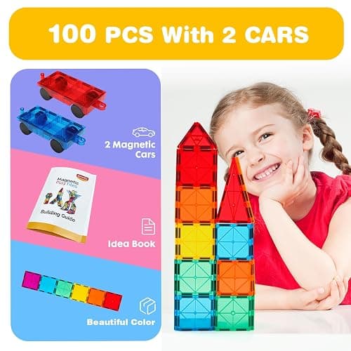 Gemmicc 100 PCS Magnetic Tiles with 2 Cars, STEM Approved Educational Magnet BuildingToys, Magnet Puzzles Stacking Blocks for Boys Girls thumbnail 4