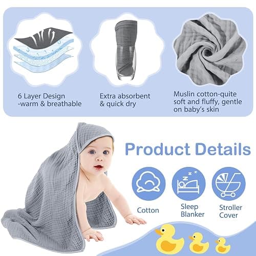 Peryiter 6 Pcs Muslin Hooded Baby Towels, 32"x 32" Cotton Newborn Bath Towel Muslin Infant Baby Blankets Absorbent Unisex Newborn Registry Gift Essentials for Girls Boys (Dark Color Series) thumbnail 4
