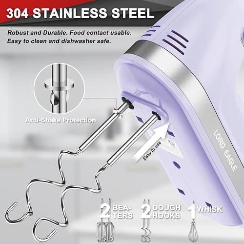 Lord Eagle Hand Mixer Electric Handheld 400W, 5-Speed Lightweight Kitchen Mixer with Storage Case, 5 Stainless Steel Attachments for Baking Cake Egg Cream Food Beater, Turbo+Eject Button, Purple thumbnail 3