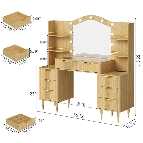 55" Big Fluted Vanity Desk with Mirror and Lights,Makeup Vanity with 8 Storage Drawers and 4 Storage Shelves,Glass Top & Power Outlet,3 Lighting Modes,Dressing Table for Women Girls Bedroom,Oak thumbnail 2