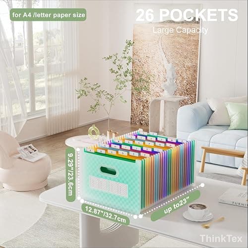 ThinkTex 26 Pockets Accordion File Organizer, Upright & Open Top, A-Z Colorful Tabs, Larger Capacity Expanding File Folder, Letter/A4 Size for School, Home and Office - Green thumbnail 3
