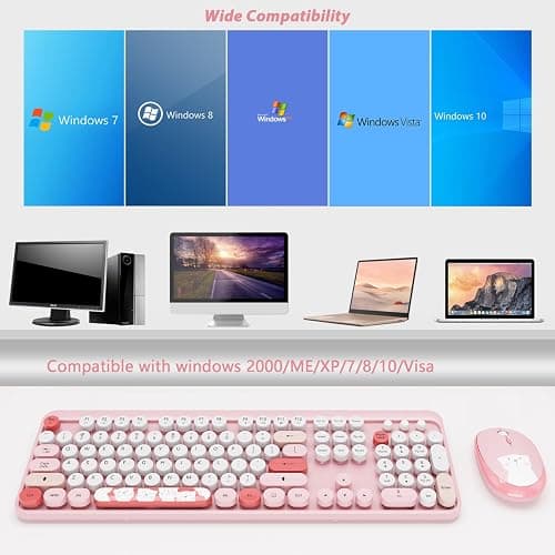 Wireless Keyboard,KOOTOP Cute Colorful 104 Keys Typewriter Retro Round Keycaps Keyboard for PC Laptop,Desktop,Windows, Home and Office Keyboards (Pink) - S300 pink thumbnail 7