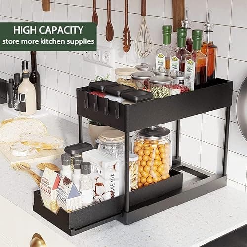 Bnimtm 2 Pack Under Sink Storage Kitchen Organiser - Sliding Drawer Pull Out Under Sink Organiser with Hooks Cup for Kitchen Bathroom thumbnail 5