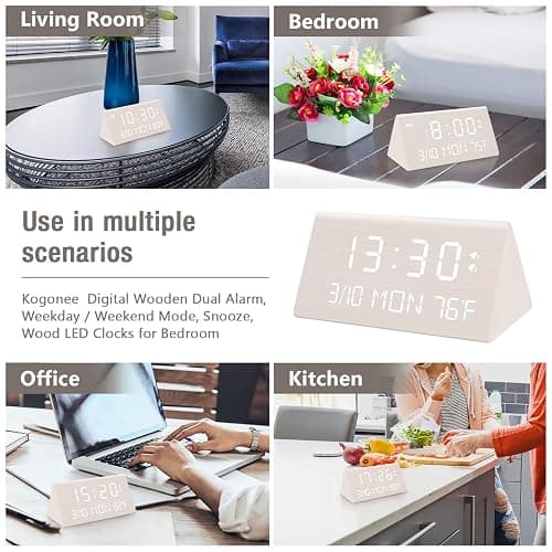 Kogonee Wooden Digital Alarm Clock, 0-100% Dimmer, 2 Alarm Settings, Weekday/Everyday Mode, 9 Mins Snooze, 12/24H, Temperature and Date Display for Office, Travel, Bedroom Alarm Clock (White) thumbnail 9