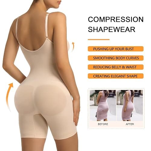 SHAPERX Women's Seamless Shapewear Tummy Control Bodysuit with Removable Pads Mid Thigh Body Shaper thumbnail 5