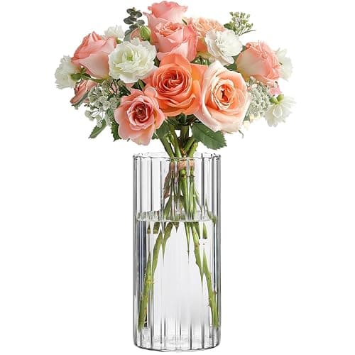 ComSaf Glass Cylinder Vases, Bud Vase for Centerpieces, 8 Inch Tall Ribbed Vase Hurricane Floating Candle Holder, Decorative Flower Vases for Wedding Reception, Home Decor, Housewarming Gift (Clear) - Image 1