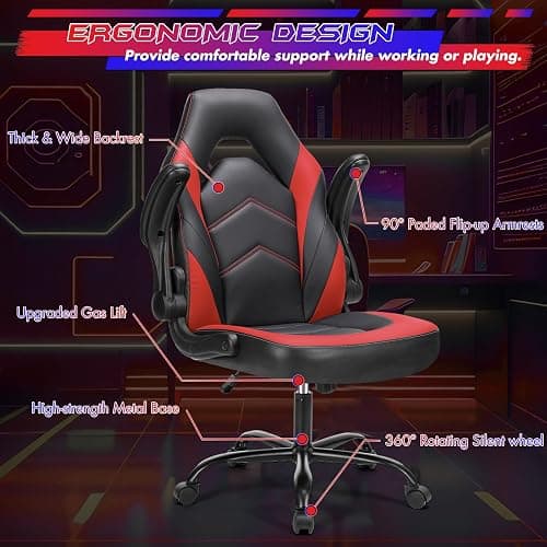 Sweetcrispy Computer Gaming Desk Chair - Ergonomic Office Executive Adjustable Swivel Task PU Leather Racing Chair with Flip-up Armrest for Adults, Kids, Men, Girls, Gamer, Black Red thumbnail 8