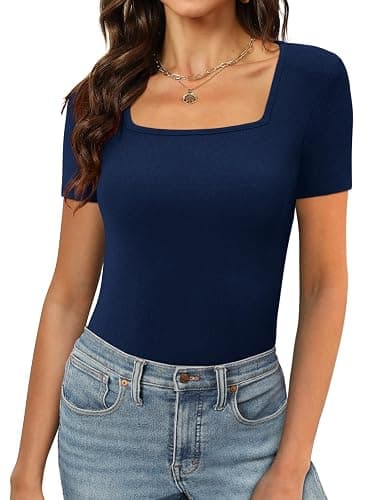 XIEERDUO Womens Square Neck Short/Long SleeveTops 2024 Spring Summer Slim Fit Tees Shirts - Image 1