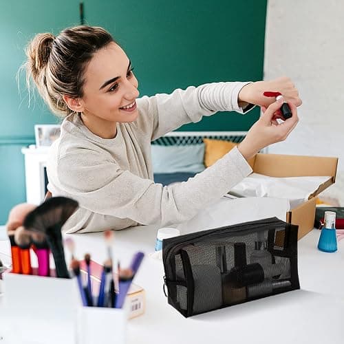 Unoutur pouch,Mesh Cosmetic Bag Portable Makeup Pouch Travel Toiletry Bag for Makeup Organizer Home Office Travel Accessories,6 Pieces Mesh Makeu thumbnail 8