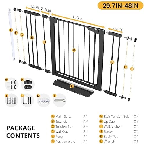 Cumbor 29.7-48" Baby Gate for Stairs, Mom's Choice Awards Winner-Dog Gate for Doorways, Auto Close Safety Pet Gate for Dogs Indoor, Easy Install Pressure Mounted Child Gate with Walk Thru Door, Black - Black - 29.7-48"W x 30.5"H thumbnail 9