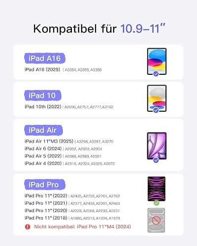 Inateck iPad 10 Generation Hülle mit Tastatur, für iPad 11 Gen. A16 2025 11 Zoll, Air 11 Zoll M3/M2 (2025/2024),Air 5/4, Pro 11 4/3/2/1,QWERTZ,Ultraleichte Tastatur mit Stifthalter,AirTap BK2007 thumbnail 2