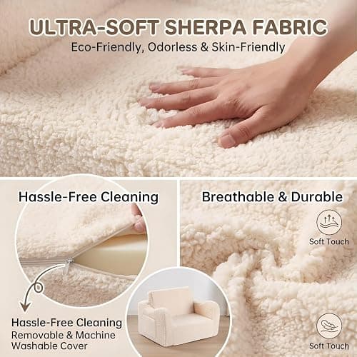 MOMCAYWEX Kids Sofa Chair, 2-in-1 Foldable Couch, Sherpa, Cream | Fold-Out Sofa Furniture, Removable Washable Soft Cover, Lightweight, Reading Playing Comfy Convertible Chair, Boys Girls thumbnail 7