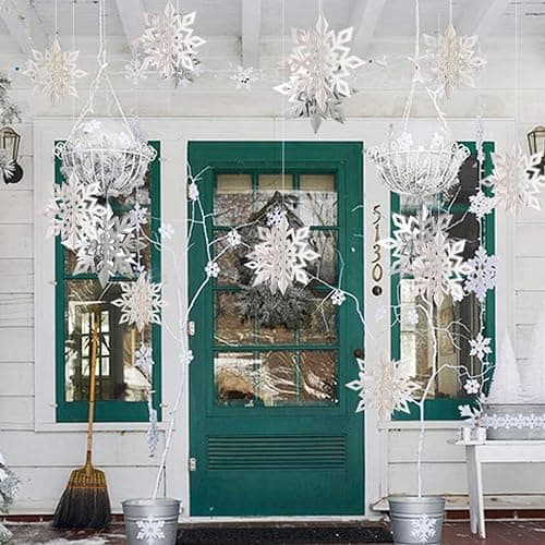 OuMuaMua Winter Christmas Hanging Snowflake Decorations, 12PCS Snowflakes Garland & 12PCS 3D Glittery Large White Snowflake for Christmas Winter Wonderland Holiday New Year Party Home Decorations thumbnail 7