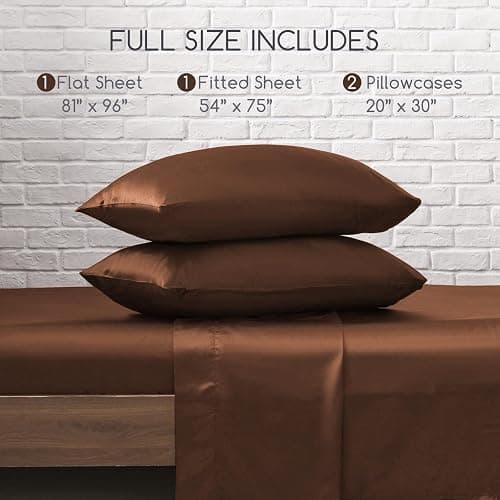 MR&HM Satin Bed Sheets, Full Size Sheets Set, 4 Pcs Silky Bedding Set with 15 Inches Deep Pocket for Mattress (Full, Brown) thumbnail 2