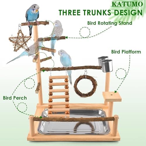 KATUMO Bird Playground - Natural Wooden Perches Parakeet Ladder Conure Swing Bird Cage Accessories with Removable Tray & 2 Stainless Steel Cups thumbnail 2