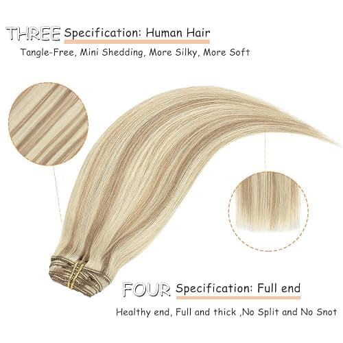 Caliee Piano Golden Brown #10 Mixed Bleach Blonde #613 Seamless Clip in Hair Extensions Double Weft Lace Invisible Silky Straight Remy Hair Extensions Clip in Human Hair 140G 20 Inch thumbnail 5