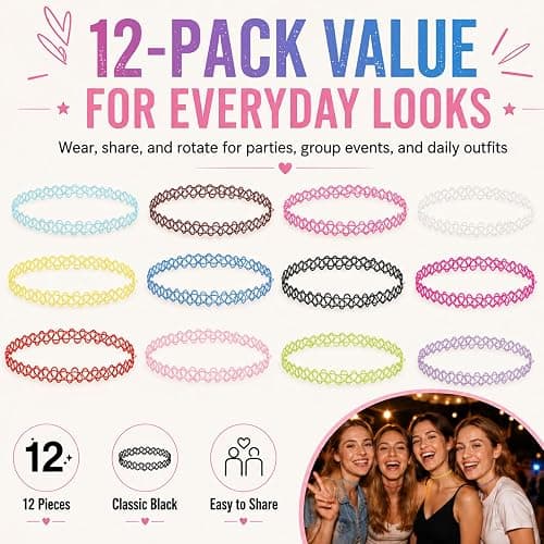 Fanveronica 12PC Tattoo Choker Necklace - 90s Accessories 2000s Jewelry Y2K Fashion Vintage Trendy Black thumbnail 5