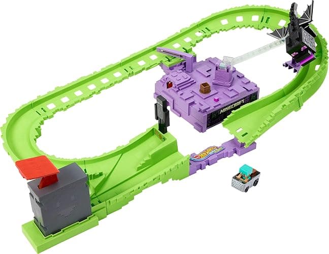 Hot Wheels Toy Car Track Set, RacerVerse Minecraft Playset & Die-Cast Diamond Armor Steve in Minecart Vehicle, Launch & Race to Defeat Ender Dragon - Image 1