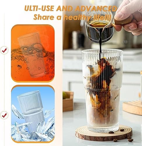 Snextek 20oz Glass Tumblers with Lids and Glass Straws, Thickened for Iced Coffee, Smoothies,Cocktails and Juices-Elegant Durable for Home, Office,Travel (Clear) thumbnail 7