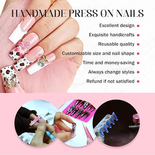 Duck Press on Nails Duck Handmade Press on Nails 3D Luxury Rhinestone Cherry and Pearl Acrylic Fake Nails Designs Flower Stick on Nails Full Cover Thickened False Nails for Women Nail Art DIY（M) thumbnail 8