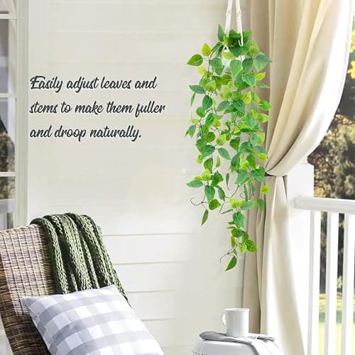 LOYWREE 1 Pack Artificial Hanging Plant Kit with Pot and Hanger - 39" Long Fake Pothos Vines - Hanging Potted Faux Plant Indoor for Wall Ceiling Bedroom Bathroom Living Room Home Decor (White Pot) thumbnail 5