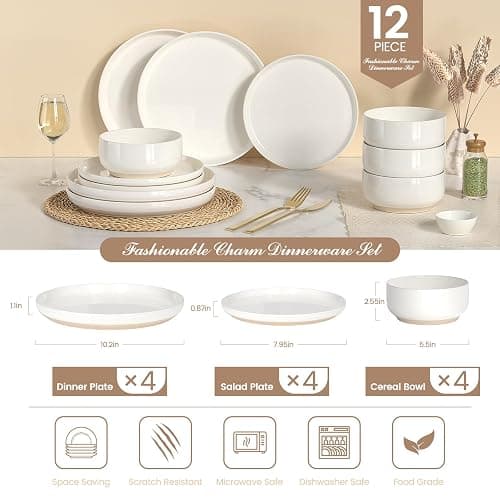 Plates and Bowls Sets, Dinnerware Sets for 4, 12 Pieces Scratch Resistant Dishware Dishes Set, Ceramic Kitchen Dinner Set, Porcelain & Microwave and Dishwasher Safe, Cream White thumbnail 3