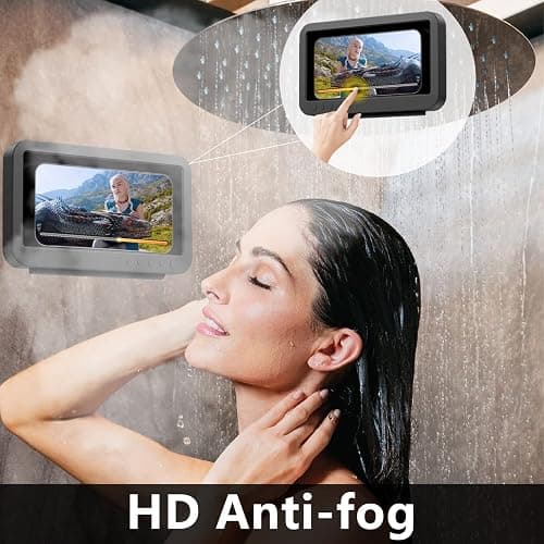 Shower Phone Holder Waterproof - Anti Fog High Sensitivity Touch Screen, 360°Rotation Wall Mount Shower Case for Phone for Bathroom Wall Mirror Bathtub Kitchen, Compatible with Under 7 Inch(Black) thumbnail 3