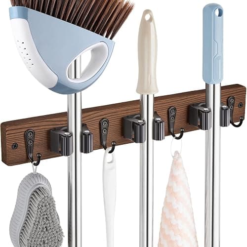 OUTNILI Mop Broom Holder Wall Mount with 3 Slots & 4 Hooks - Wood Broom Mop Hanger for Pantry Kitchen Organization - Garden Tool Organizer for Closet Laundry Room - for Rustic Farmhouse Kitchen Decor - Image 1