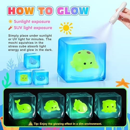 VISCOO 4 Pack Stress Cube -Glow in The Dark Sea Animal Inside Squishy Toys, Cube Squishy Stress Balls for Anxiety Relief, Squeeze Toys for Kids Adults,Fidget Gummy Toys for Party Favors thumbnail 3