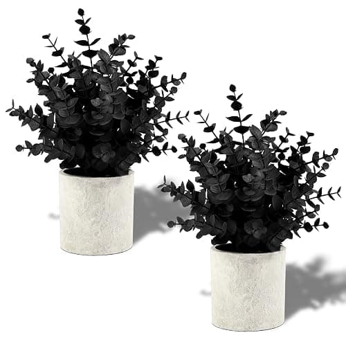 Coferset 2 Pack Black Fake Eucalyptus Small Fake Plants Potted Artificial Plants for Halloween Decorations Shelf Desk Home Farmhouse Room Coffee Table Bathroom Decor(Black) - Image 1