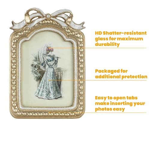 GUOER Vintage 5x7 Picture Frame with Bow Antique Ornate Table Top and Wall Mounting Photo Frame with High Definition Glass Front for Home Decor, Photo Gallery, Art(5x7, Gold) thumbnail 7