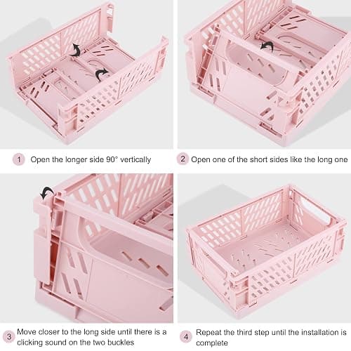 Weraher Plastic Baskets for Desk Organizing, Drawer Organizer, 2 Medium+2 Small Durable Folding Storage Crate for Home Kitchen Classroom Office Bedroom and Bathroom (Pink) thumbnail 4