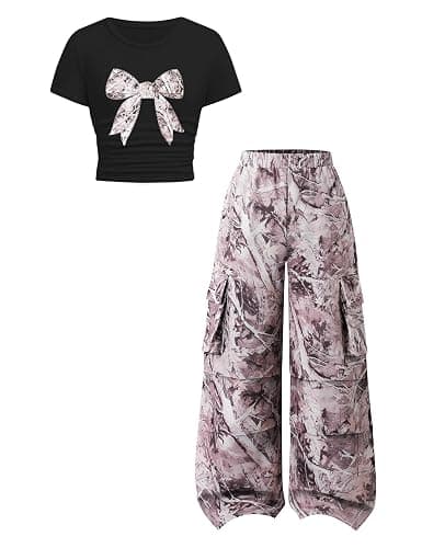 Azmxynol Tween Girls Clothes 2 Piece Outfit Bow T-Shirt Top + Cargo Pants Teen Girl Clothing Set, Sizes 7-16 Years - Image 1