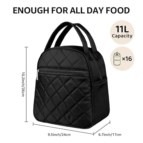 Paquesta Lunch Bag Women Stylish Quilted Lunch Boxes for Adult | Fit and Fresh Cooler Insulated Lunchbox for Work Large 11 Liters Cute Compact Lunchbag Waterproof Black thumbnail 3