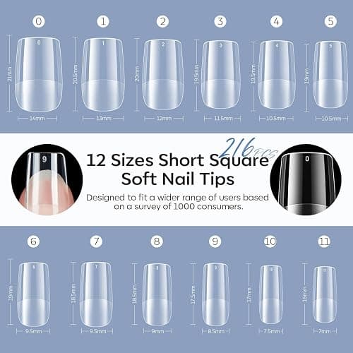 modelones Short Square Nail Tips, Pre-shaped Soft Gel Tips Fake Nails False Acrylic Clear Full Cover Press on Extension Gel Kit Manicure DIY at Home 216PCS 12Sizes thumbnail 6