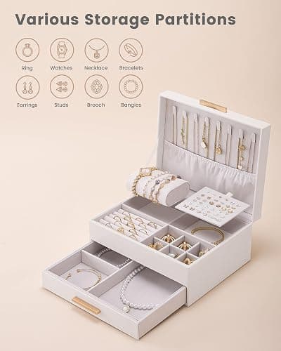 Lolalet 2-Layer Jewelry Box Organizer for Women Girls, Jewelry Storage Case Holder with Drawers for Necklaces Ring Earrings Bracelet Watch, Gifts for Galentines Valentines Girlfriend Wife -Beige thumbnail 5