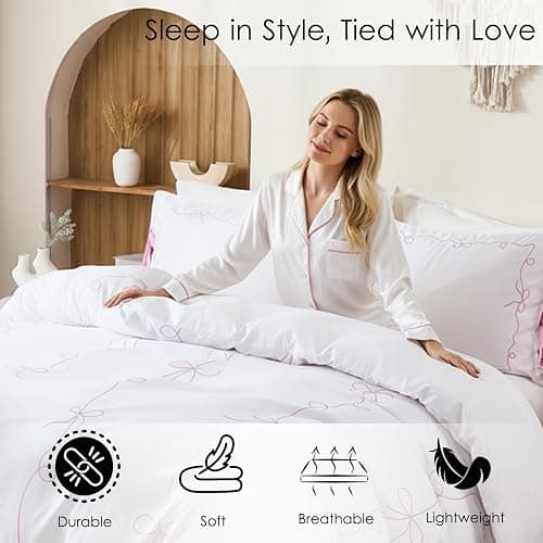 Pink Bow Duvet Cover Twin White and Pink Bedding Set Bowknot Bow Tie Cute Bedroom Decor Girls Coquette Comforter Cover Romantic Dreamy Decor thumbnail 3