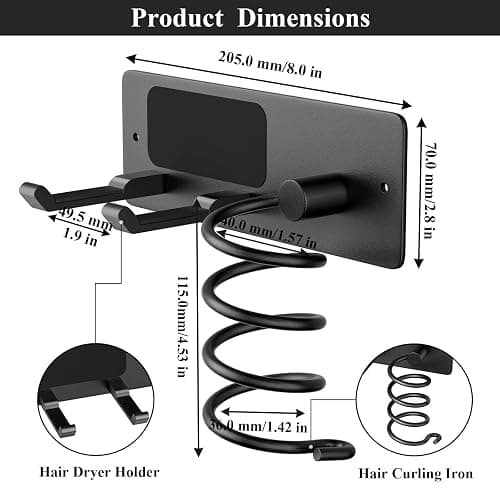 Tindbea Hair Dryer Holder + Curling Iron Holder,Blow Dryer Holder Wall Mount, Bathroom Hair Tool Organizer Rack for Universal Dryer Matte Black thumbnail 2