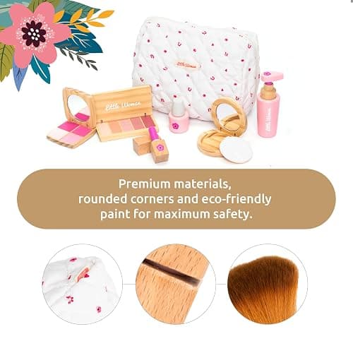 UMU® Wooden Pretend Makeup Kit for Toddlers – Realistic Toy Beauty Set for Girls with Lipstick, Mirror, Perfume, Powder & Cosmetic Bag – Play Makeup for Kids Ages 3 4 5 6 thumbnail 3