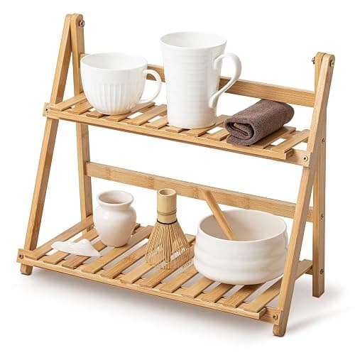 Yalikop Matcha Station Shelf,15.7'' Coffee Station Organizer, 2 Tiers Bamboo Mug Holder Countertop,Desktop Flower Pot Rack for Home Living Room Window Sill Foldable Display Storage Shelf(Wood) - Image 1