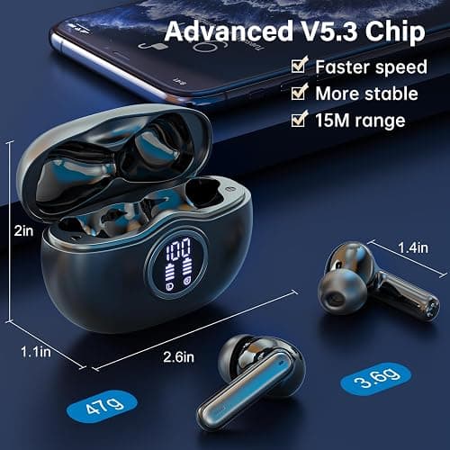 Fhumsh Wireless Earbuds, Bluetooth 5.3 Headphones HiFi Stereo 50H Playback LED Digital Display Ear Buds with ENC Noise Canceling Headset, IPX7 Waterproof Earphones for Gym/Running/Work (Black) thumbnail 4