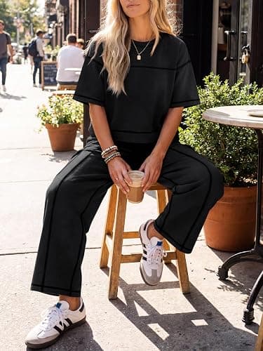 Fisoew Womens 2 Piece Outfits Lounge Sets Short Sleeve Tops and Wide Leg Pants Travel Vacation Casual Matching Sets thumbnail 4