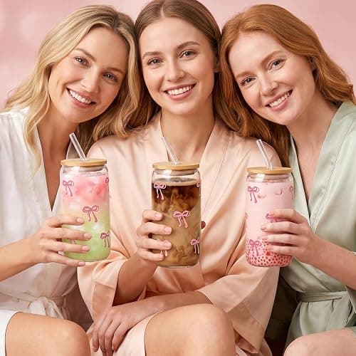 GLECTG 2 Pcs Cute Pink Bow Glass Cups with Lids & Straws, Aesthetic Iced Coffee Cup, Girly Preppy Design Tumbler Mug, Birthday Valentine Gifts for Women, Teen Girl Gifts Trendy Stuff 16OZ thumbnail 2
