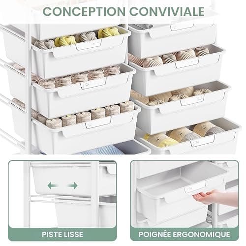 Meuble de rangement à roulettes en plastique avec 10 tiroirs, chariot à roulettes avec tiroirs, chariot de rangement pour salle de bain, cuisine, salon et chambre à coucher, Blanc thumbnail 4