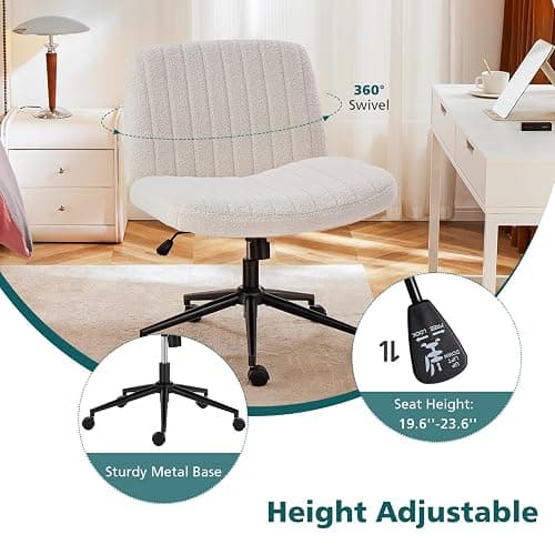 OLIXIS Criss Cross Chair with Wheels Wide Cross Legged Office Desk Vanity Chair Comfy Fabric Armless Adjustable Swivel for Home Computer Task Teddy Beige thumbnail 4