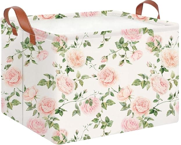 CLOCOR Rectangular Storage Basket Empty,Gift Basket,Waterproof Storage Bin with Handles,Room Decor(Watercolor Rose) - Image 1