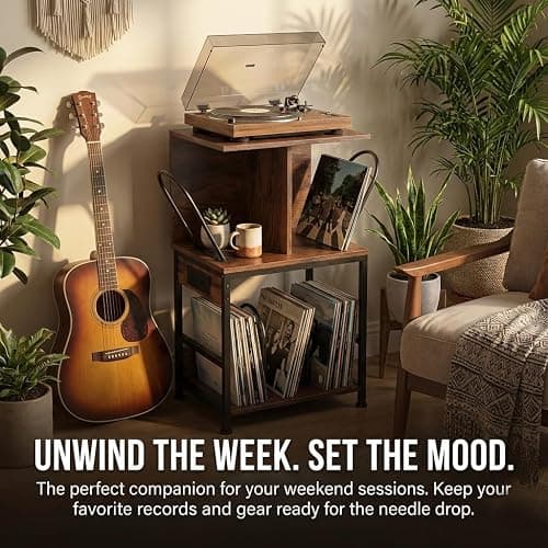 ZEXVIDA Record Player Stand with Vinyl Storage, Large Record Table Holds 180 Albums, Vinyl Record Storage Stand with USB Charger, Multi-Functional Side Table & Shelf for Living Room Bedroom thumbnail 5
