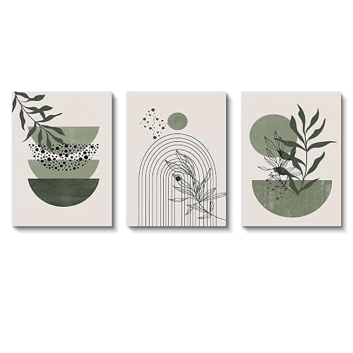 Sage Green Wall Posters & Prints, Green Boho Wall Art Set of 3, Minimalist Framed Wall Art Geometric Line Leaf Sun Moon Beige Green Canvas Artwork Paintings thumbnail 7