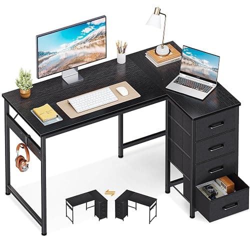 Casaottima L Shaped Desk with 4 Drawers, 40" Small Corner Computer Desk with Storage, Reversible Kids Study Table with Hook, Work Table for Home Office, Black - Image 1